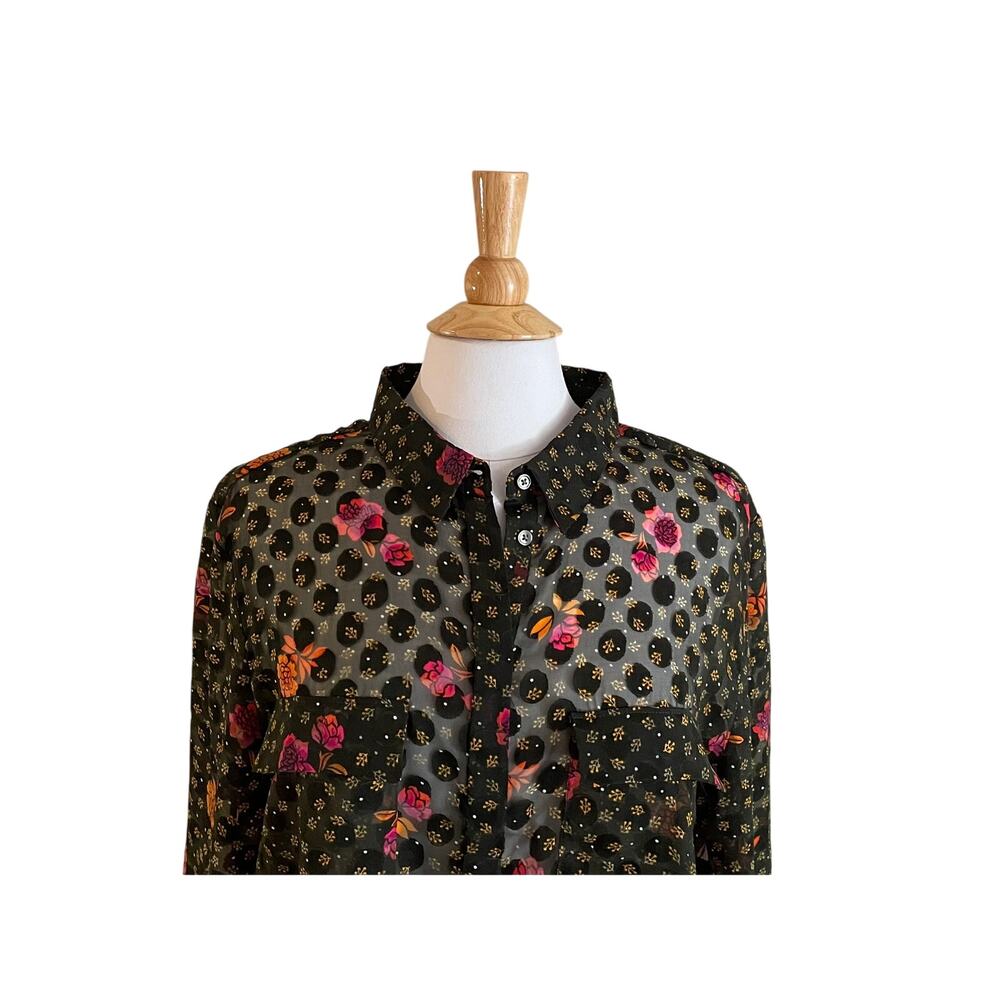 NWT LOFT Sheer Black Floral Polka Dot Button Down Shirt, Size XXL - Picture 2 of 13
